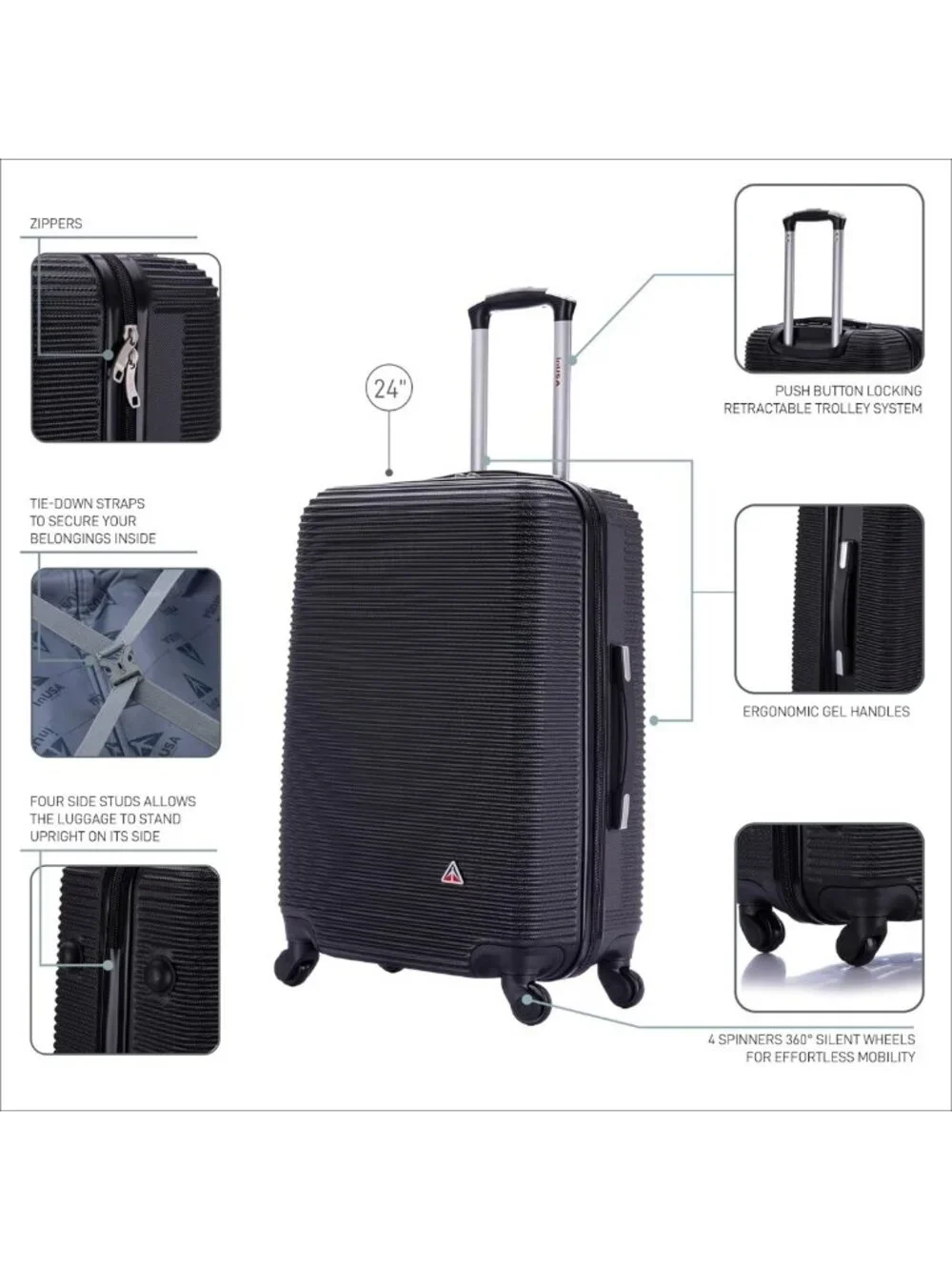 Lightweight 24-Inch Hardside Spinner Luggage - Durable Travel Suitcase, Black